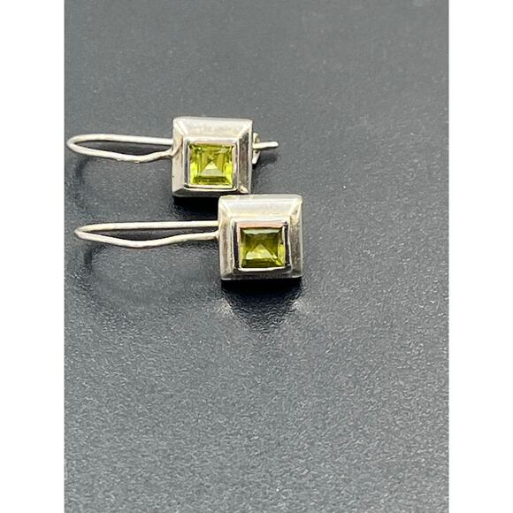Sterling Silver Designer Square Bezel Set Peridot Dangle Drop Wire Earring - Picture 2 of 10